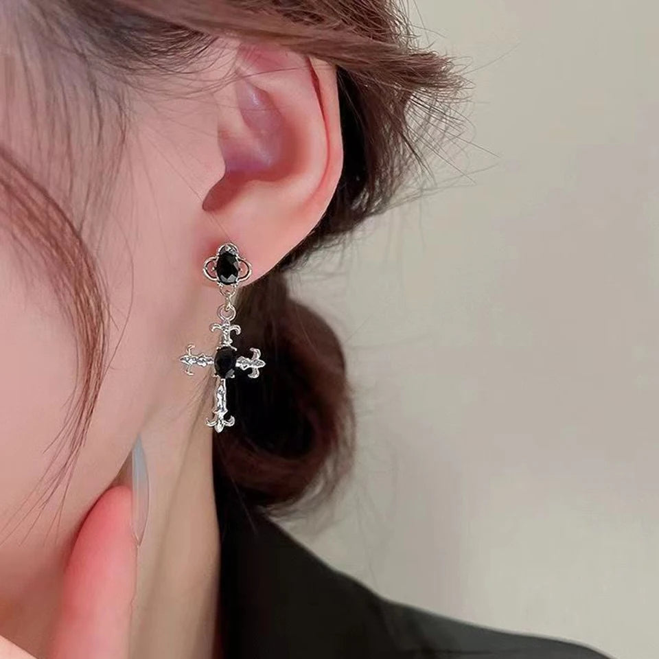 Yupsk Punk Fashion Black Crystal Stone Cross Drill Drop Earring for Women Girls Hallo alternate view