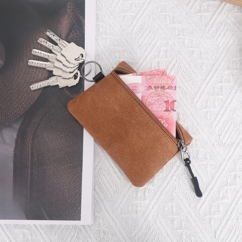 Canvas Mini Coin Wallet | Solid Color Zipper Key Bag detail view