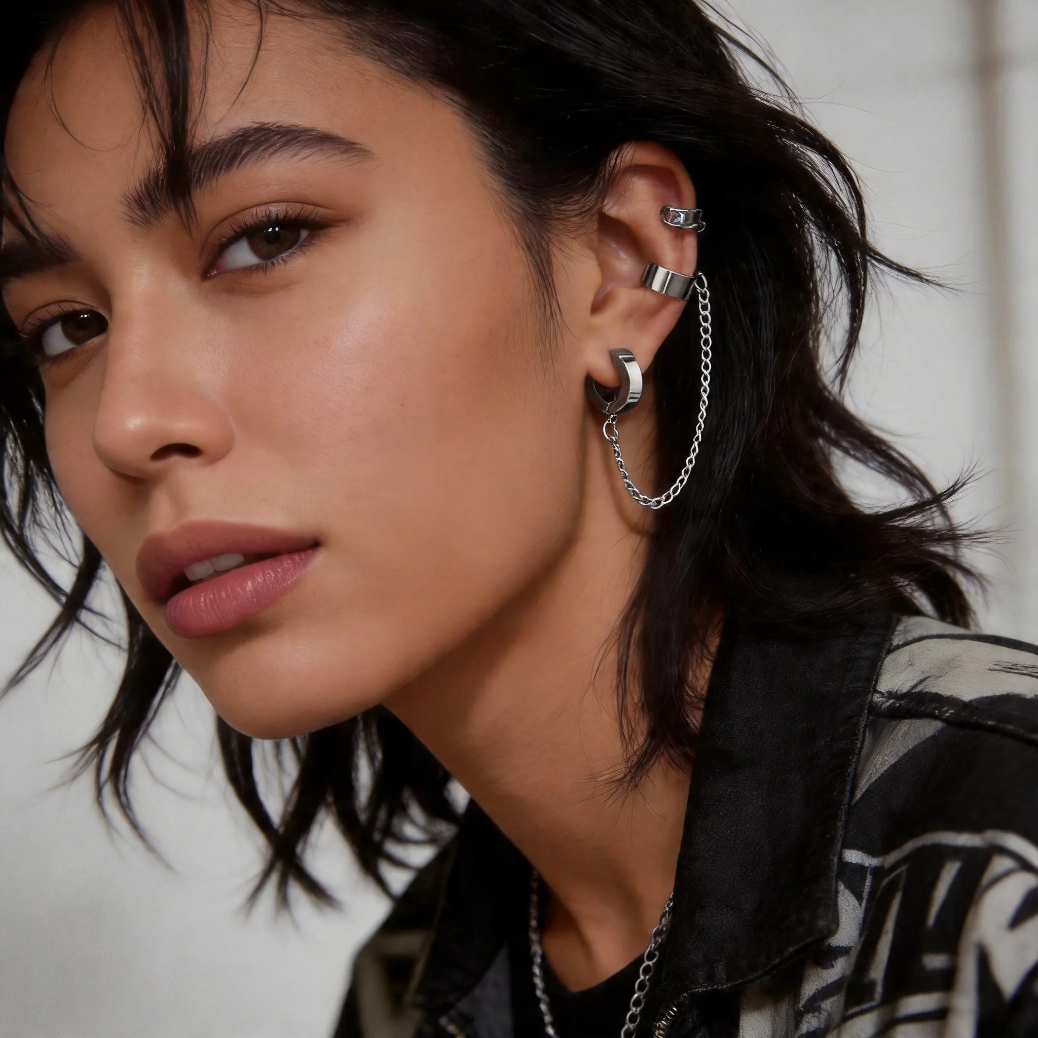 1pc Clip Earrings with Chain Stainless Steel for Women Men Punk Tassel Hoop Ear Cuffs alternate view