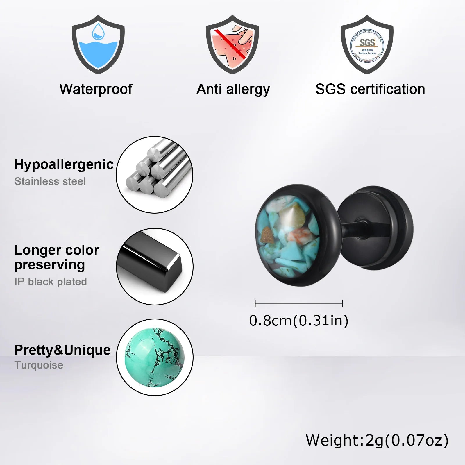 Natural Stone Stud Earrings for Men Boys,Stainless Steel Plated Round Small Earring,Styl detail view