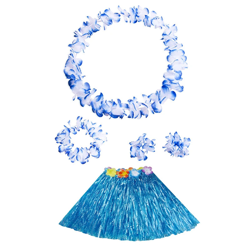 Kids Hawaiian Luau Costume Set | Grass Skirt Lei Flower Bracelets Headband close-up view
