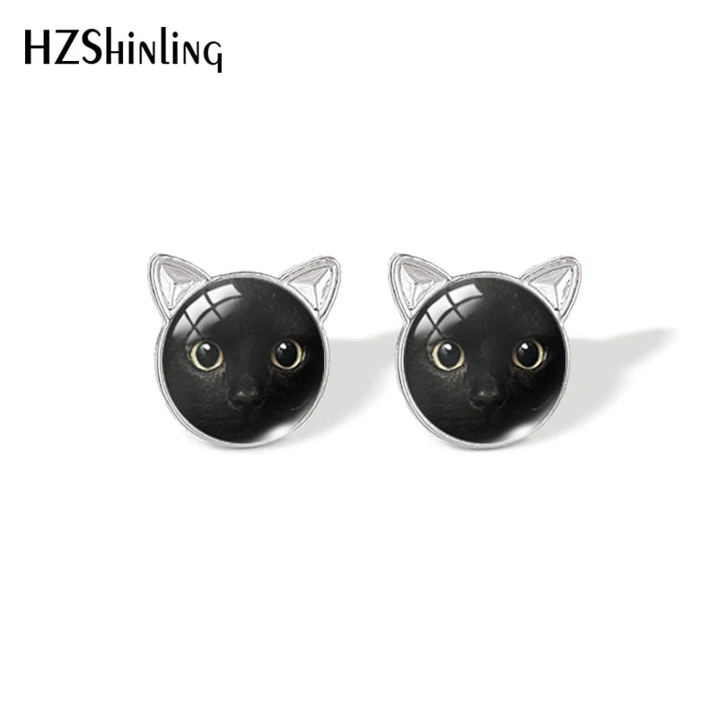 Lovely Cat Face Stud Earrings | Handmade Glass Dome Photo Printed Jewelry for Women detail view
