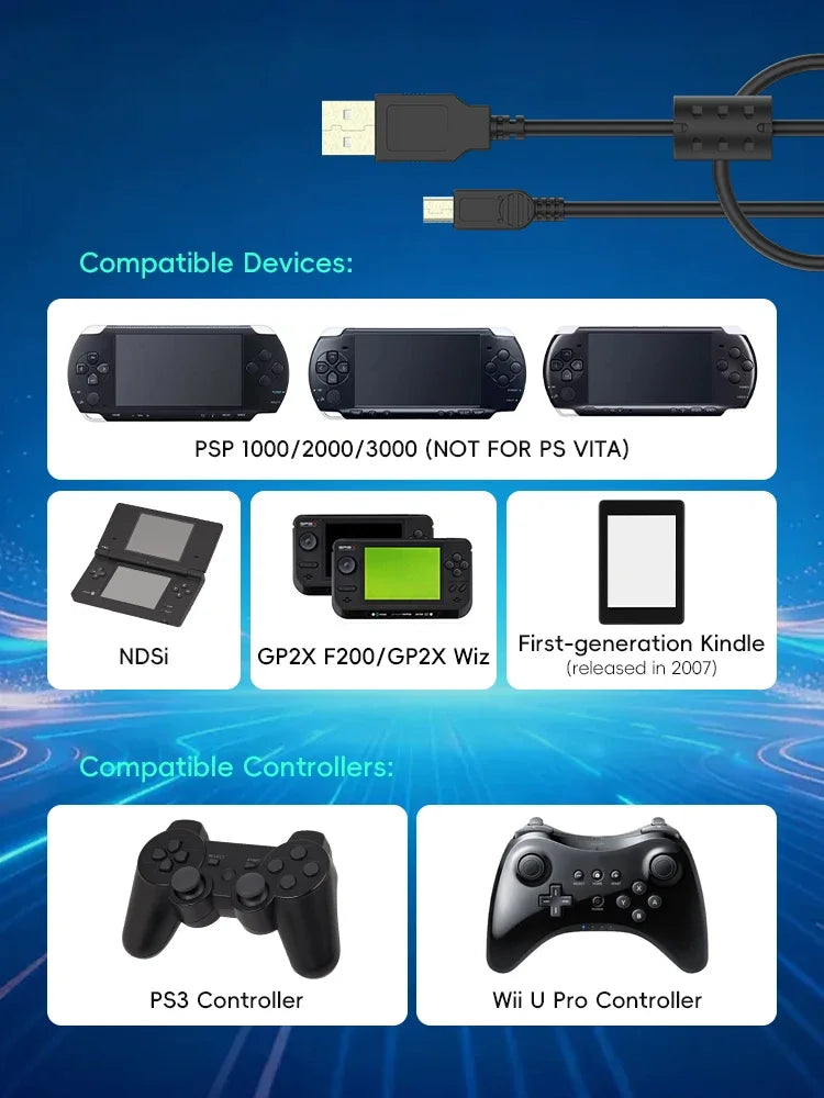 Data Frog USB A to Mini-B 5Pin Cable 1m/2m/3m For PSP1000/2000/3000 NDSi PS3 Controlle close-up view