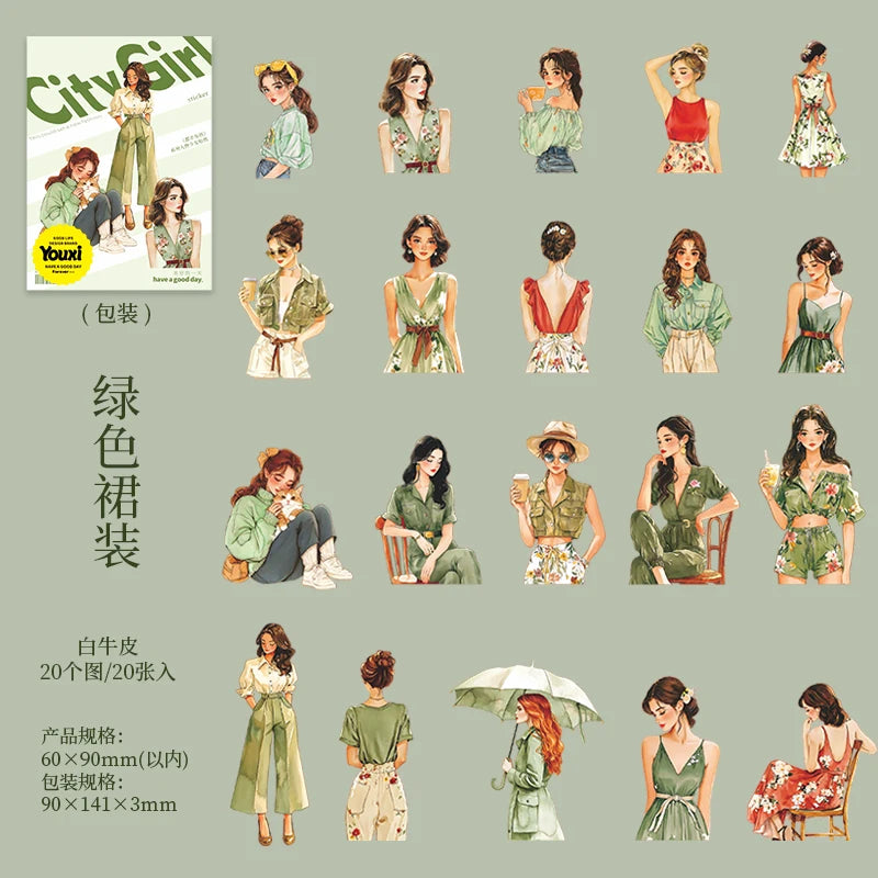 20pcs Fashion Girl Wear Stickers Set | Trendy Character Decals for Laptop Scrapbookin alternate view
