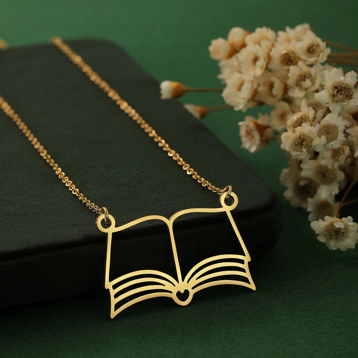 Kinitial Reading Lover Books Pendant Necklace For Women Stainless Steel Bookworm Student Jewelry Cho