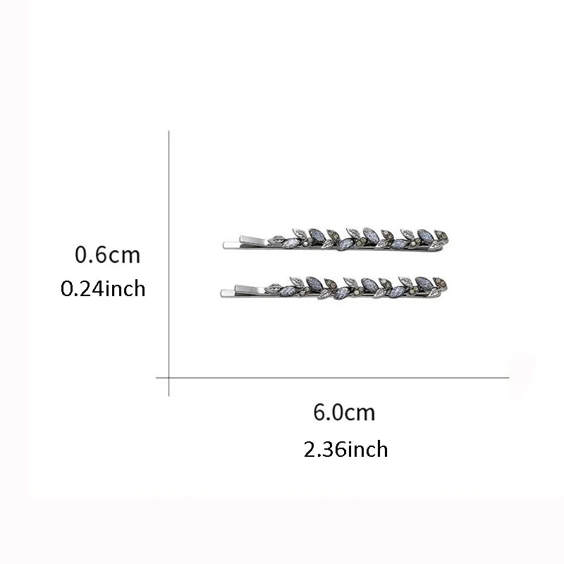2Pcs/set Rhinestone Glaze Leaf Hairpin Cute and Sweet Women's Foredead Bangs Side Clip Metal One-word Clip Hair Accessories