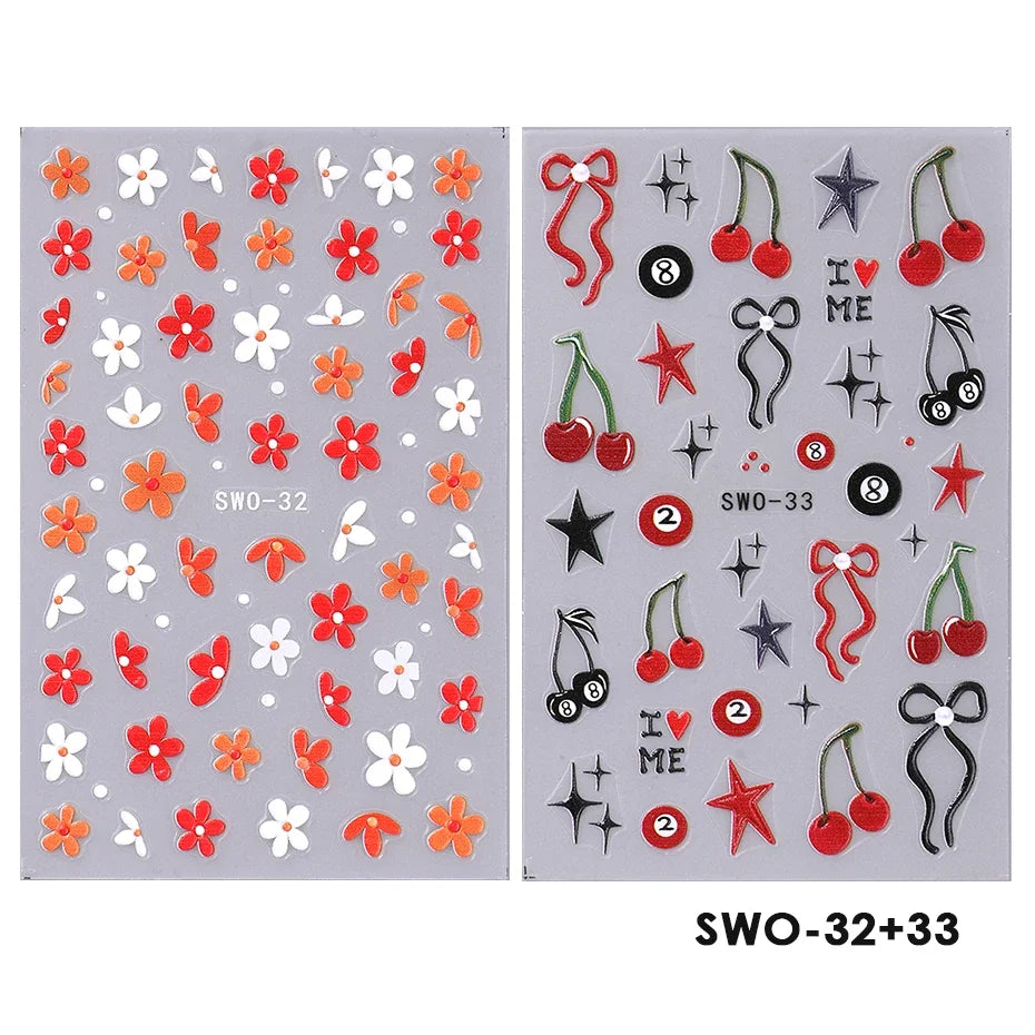 2pcs Sweet Element Nail Art Stickers Simple Flower Heart Cherry Strawberry Kawaii Decals detail view