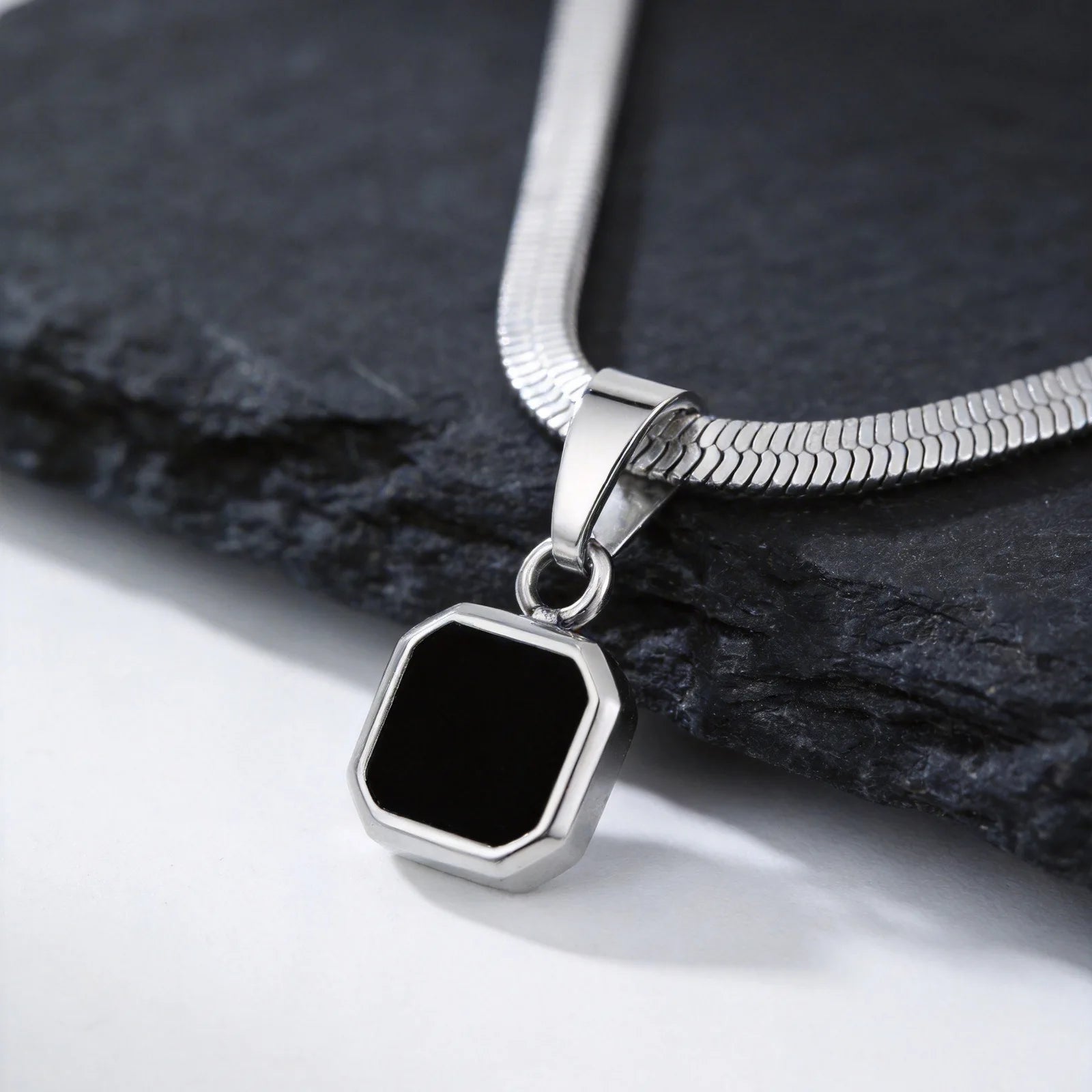 Men's Geometric Stone Pendant Necklace | Stainless Steel Blade Chain close-up view