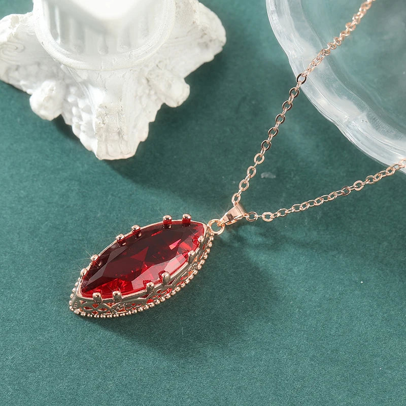 Elegant Luxury Inlaid Red Synthetic Zirconia Rose Golden Pendant Necklace for Women Fash detail view
