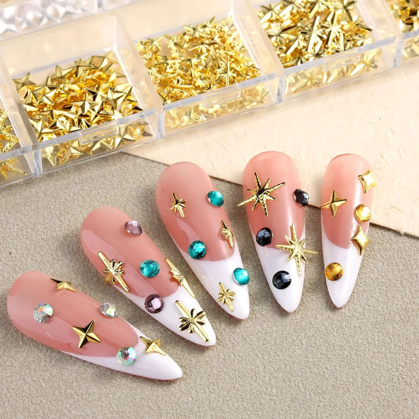 6/12Grids Gold Star Moon Metallic Rivet 3D Nail Charms Alloy Sun Moon Starlight Rhines close-up view