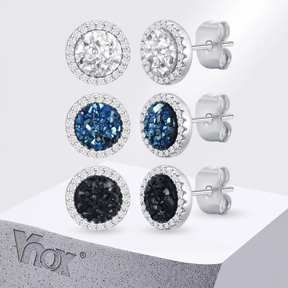 Vnox Black Crystal Round Circle Earrings for Men, Full Blue CZ Stone Ring Stud Earrings, Gothic Simp