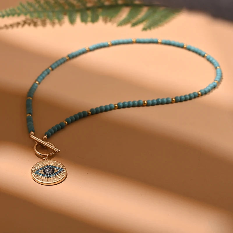 Colorful Stone Choker Necklace | Round Evil Charm Pendant for Women lifestyle view