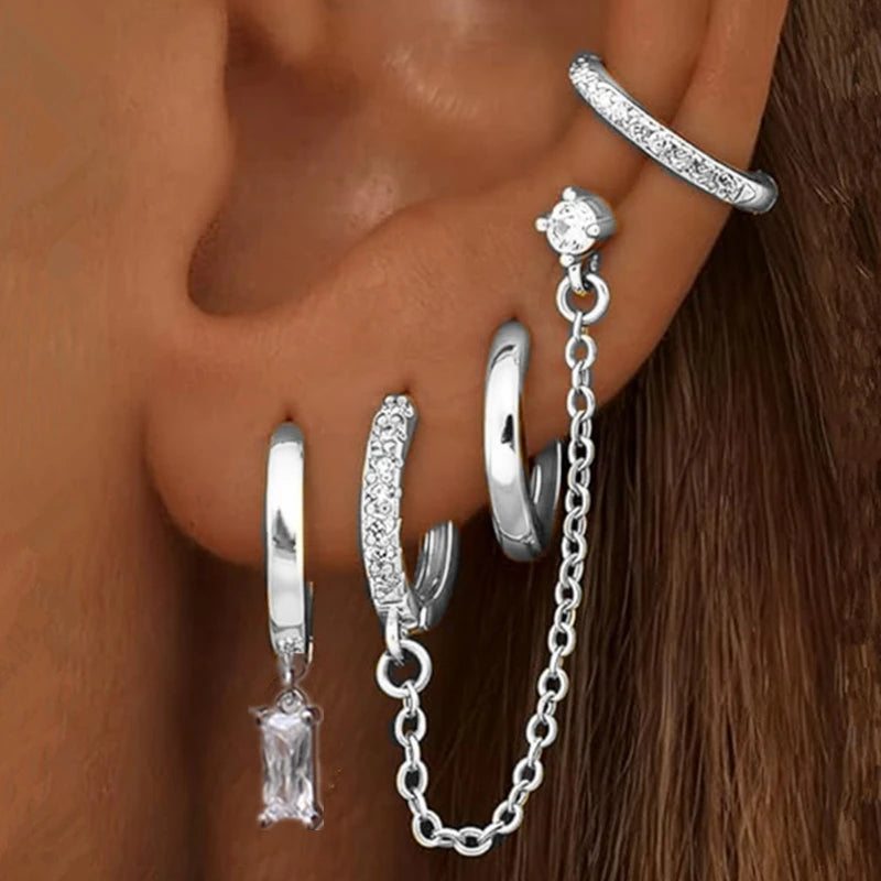 4PC Chain Huggie Earring Set | Flower Tragus Hoop Earrings for Women close-up view