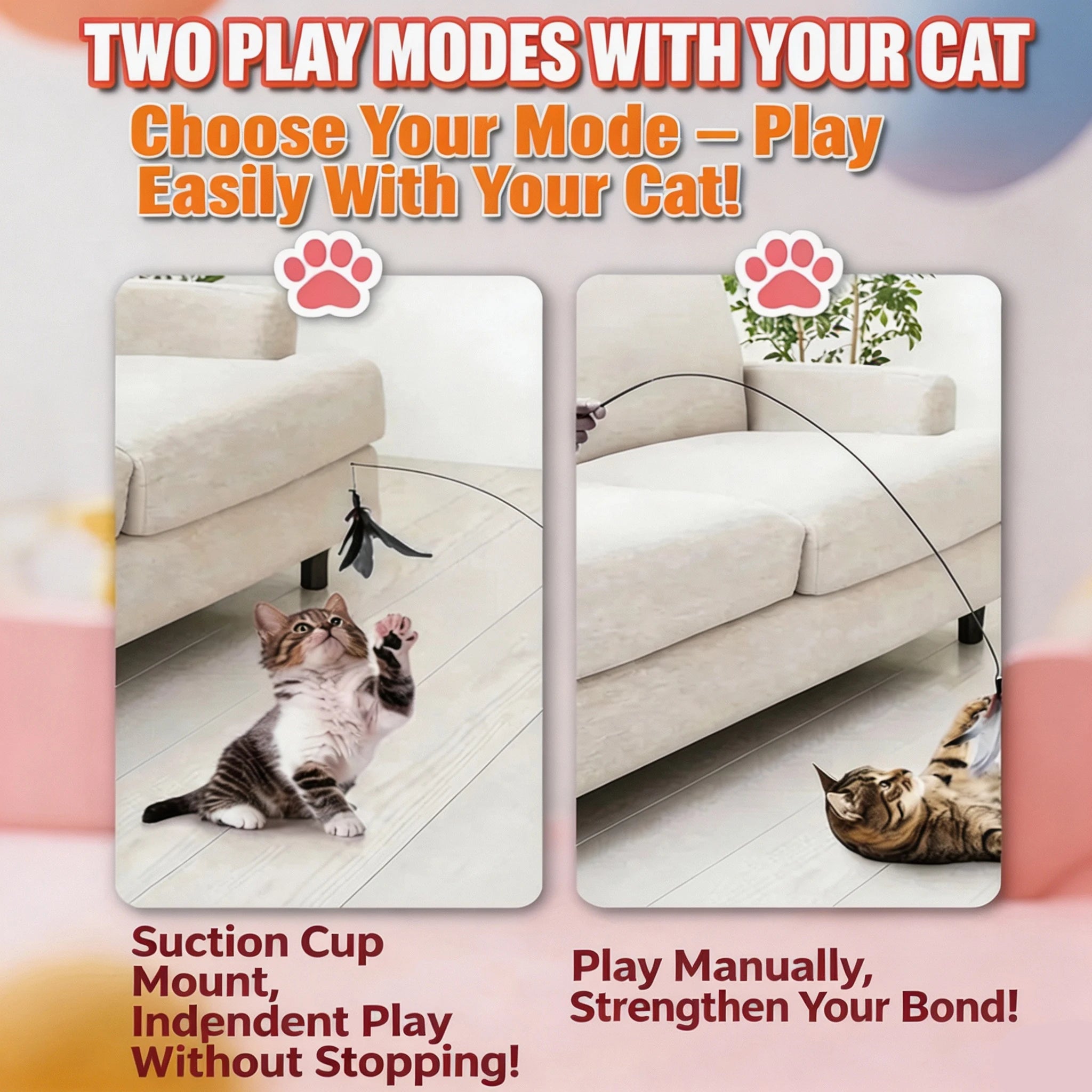 Long Pole Cat Teaser Toy with Steel Wire Feather and Sucker Cute Rotating Kitten Stick close-up view