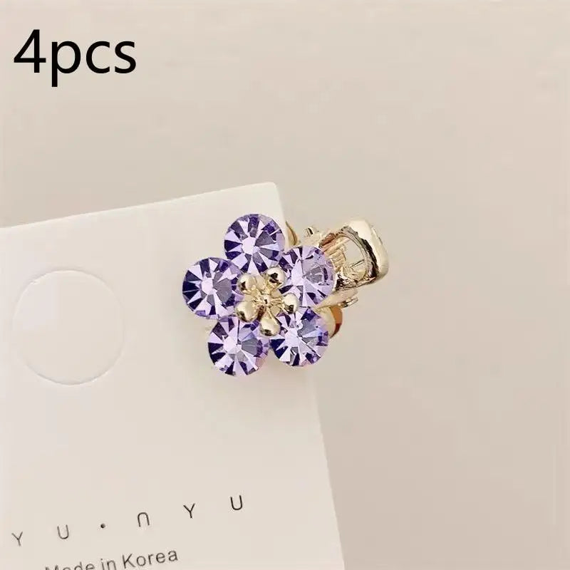 【Xia2】4Pcs Mini Rhinestone Flower Hair Clips With Shiny Crystal And Sturdy Gold Base Perfect For Braid Styling Daily Wear{S}
