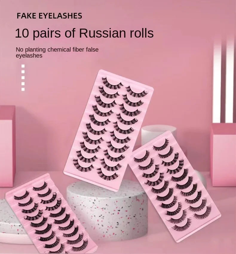 10 Pairs D Curl False Eyelashes Russian Volume Strip Lashes Fluffy Thick Wispy Fake Eyelashes for Party Stage Makeup
