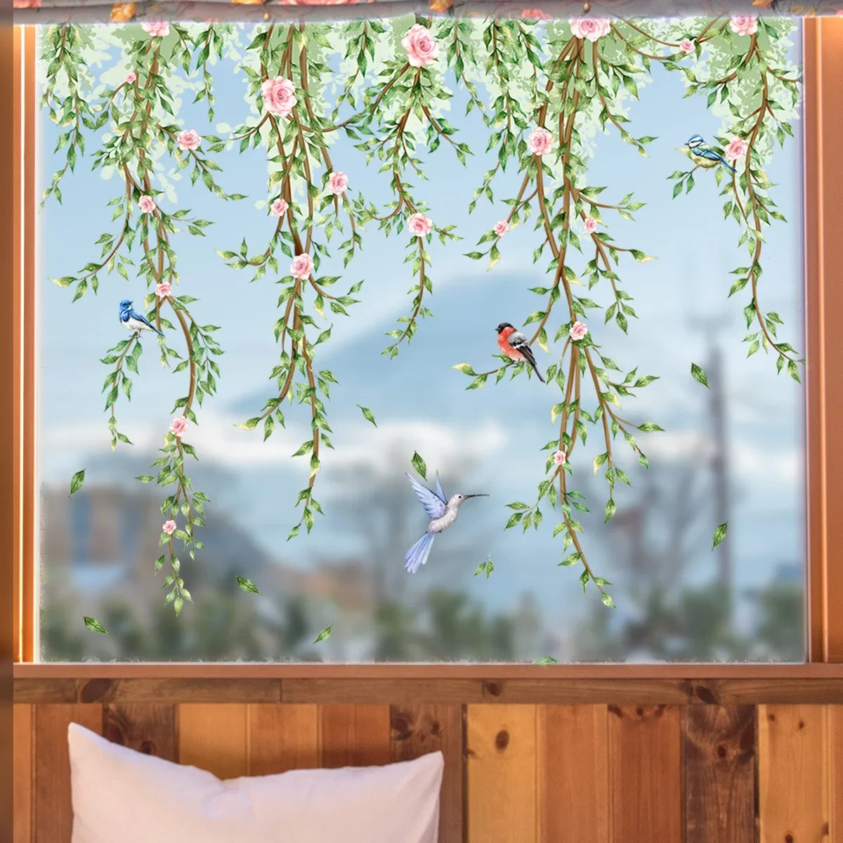 Branches Flowers Birds Window Sticker | Electrostatic Decorative Mural lifestyle view