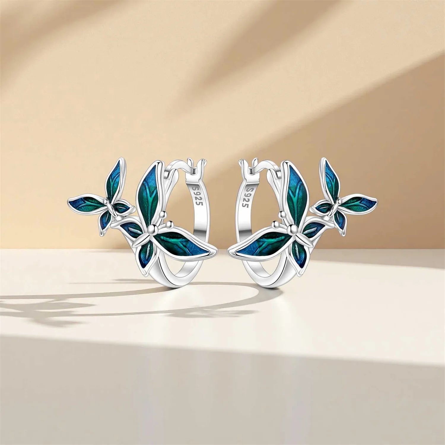 PANPOKI Original 925 Sterling Silver Double Butterfly Insect Earrings Women Hoop Earr lifestyle view