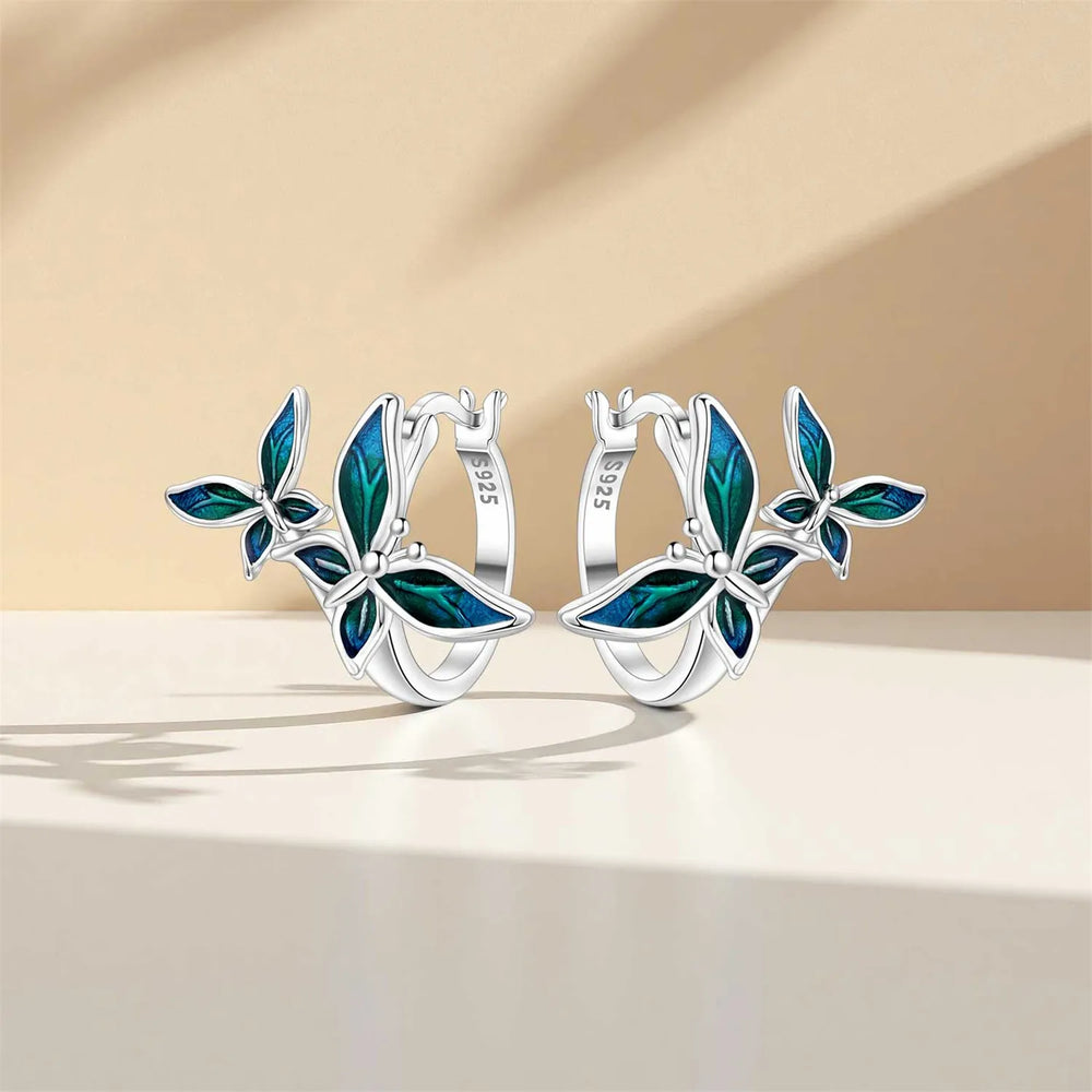 PANPOKI Original 925 Sterling Silver Double Butterfly Insect Earrings Women Hoop Earr lifestyle view