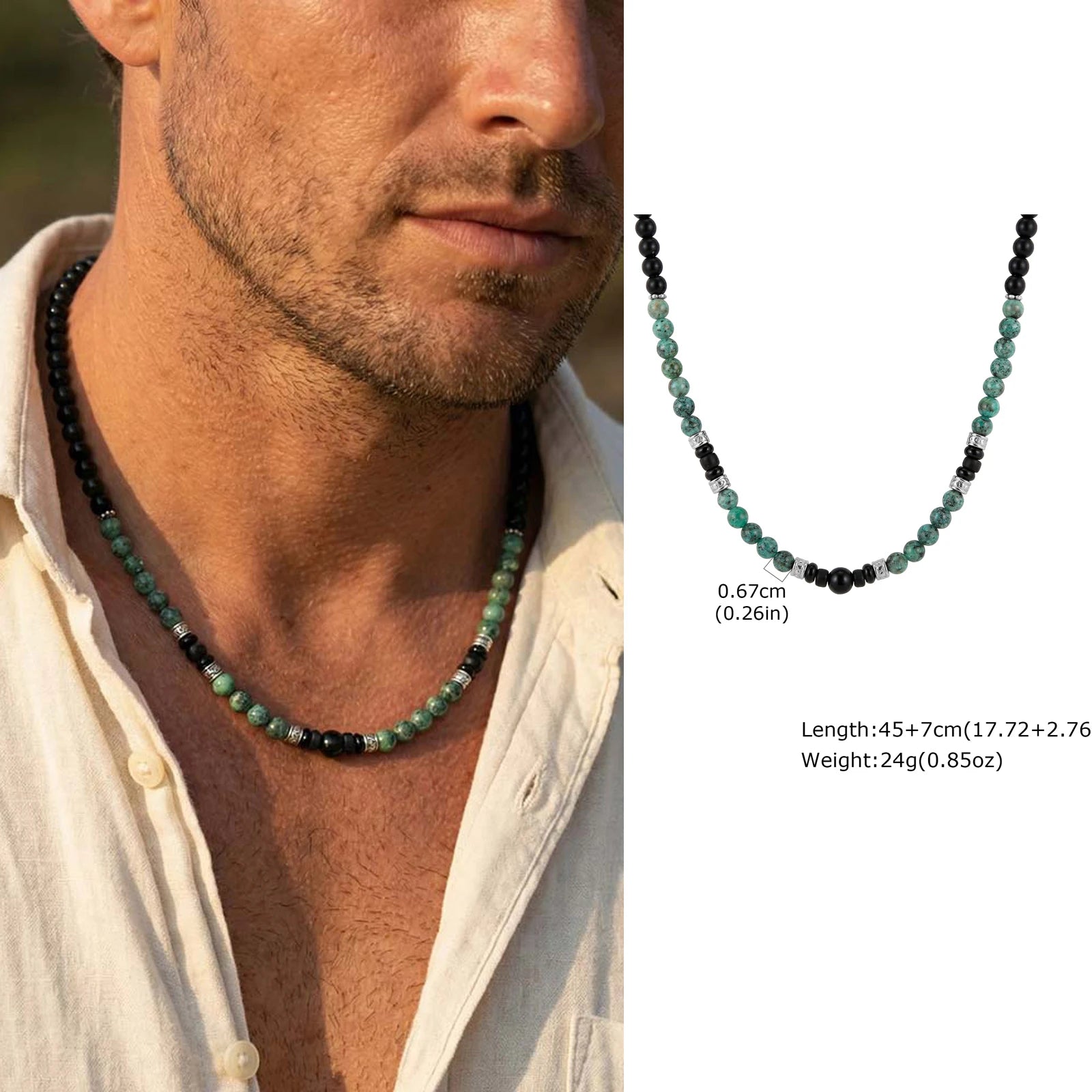 Synthetic Turquoise Necklace for Men | Natural Stone Mini Beads Summer Beach Bohemian alternate view