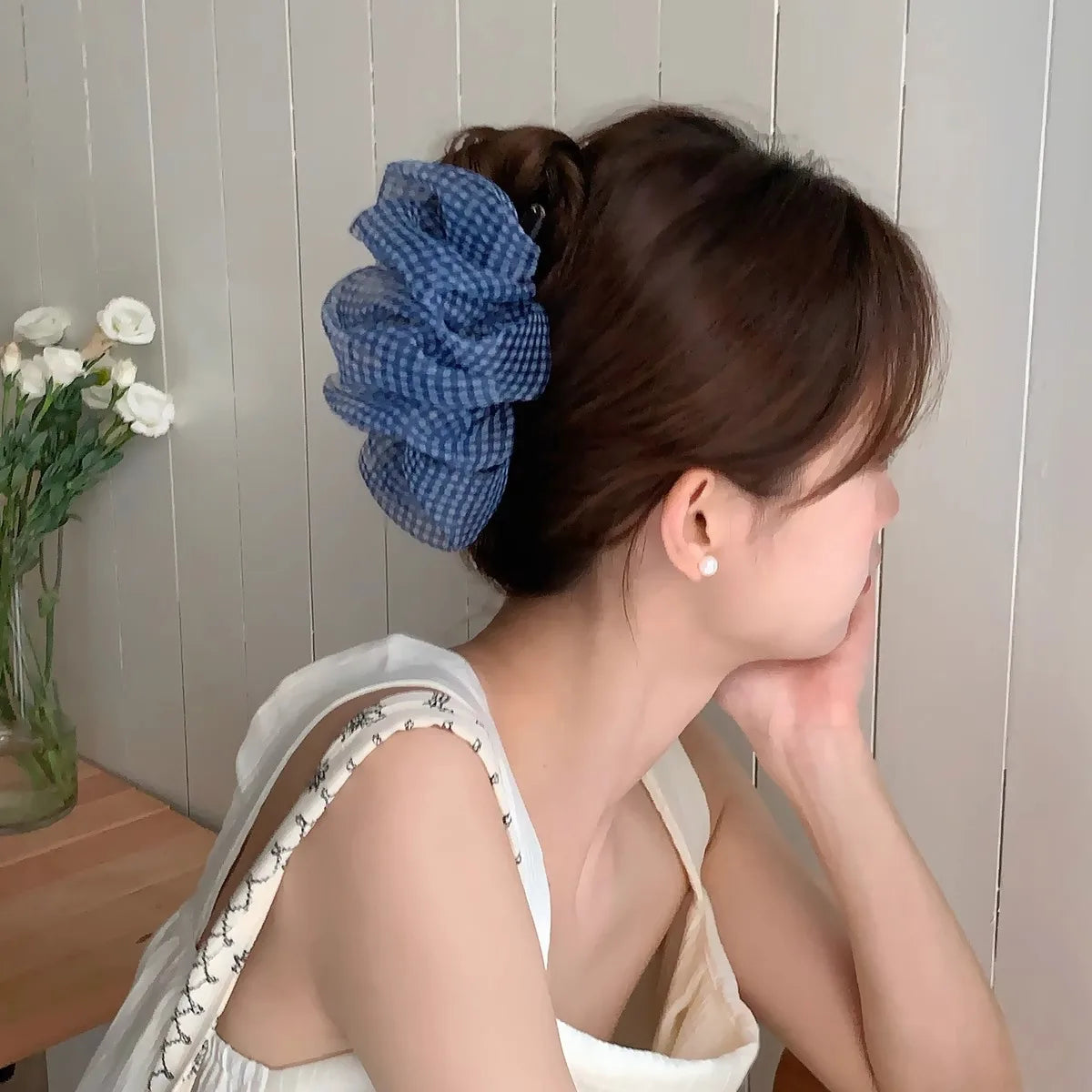 Plaid Blue Seersucker Hair Clip for Woman Elegant Temperament Shark Clip Fashion Girl Back of The Head Ponytail Clip Hair Clamp