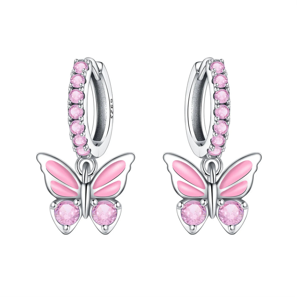 PANPOKI Original 925 Sterling Silver Double Butterfly Insect Earrings Women Hoop Earr alternate view