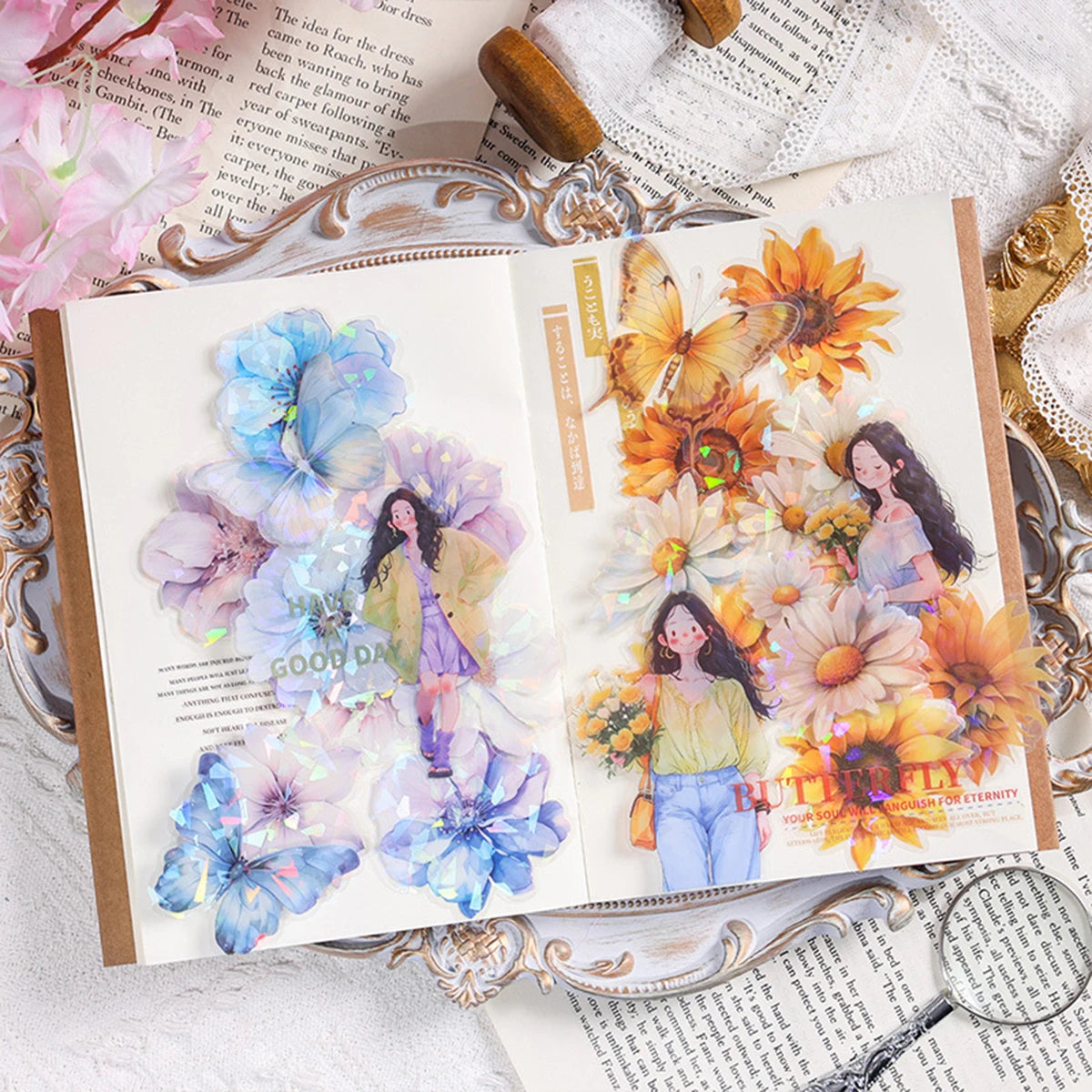 60 Pieces Plant Flower Pattern PET Stickers | Beautifully Decorated Scrapbook Stick additional angle