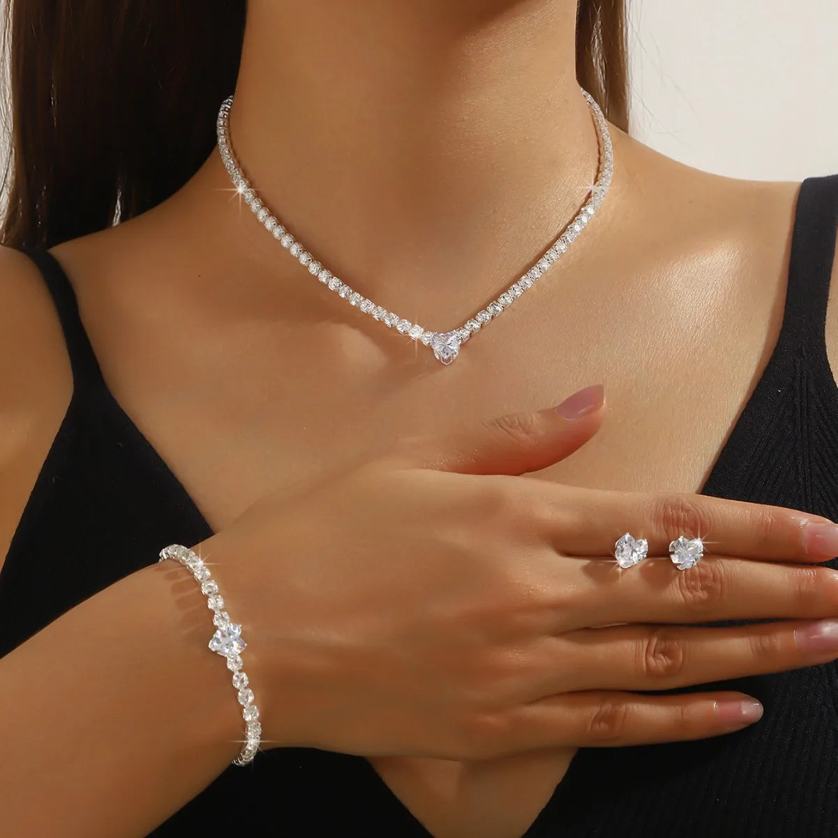 Ladies' Fashion, Heart-Shaped Crystal Zircon Earrings, Necklace Set, Bride'S Wedding Dress, Jewelry