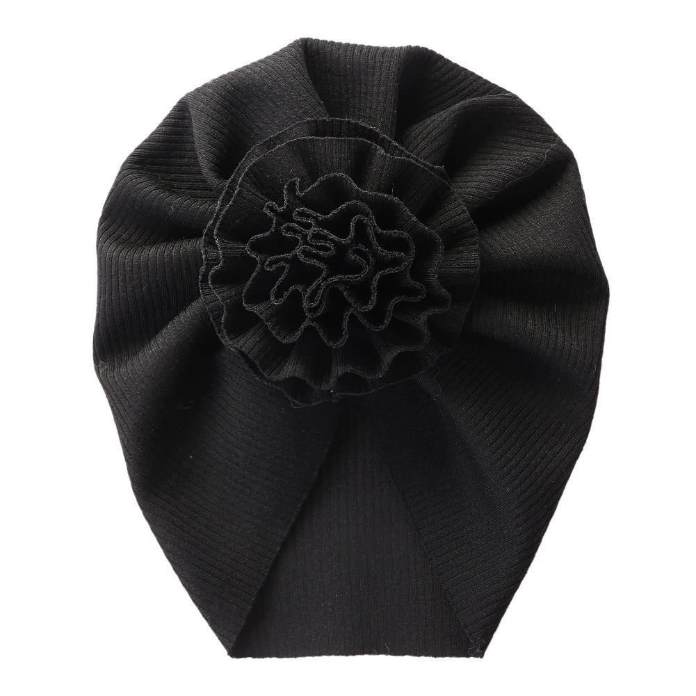Big Blossom Flower Ribbed Turban Baby Hat | Soft Cotton Topknot Bonnet for Newborns an close-up view
