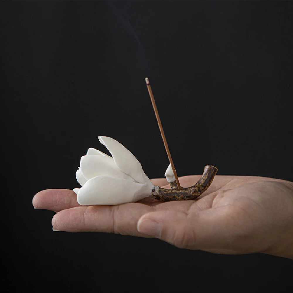 Ceramic Magnolia Flower Incense Holder | Handmade Zen Decor close-up view