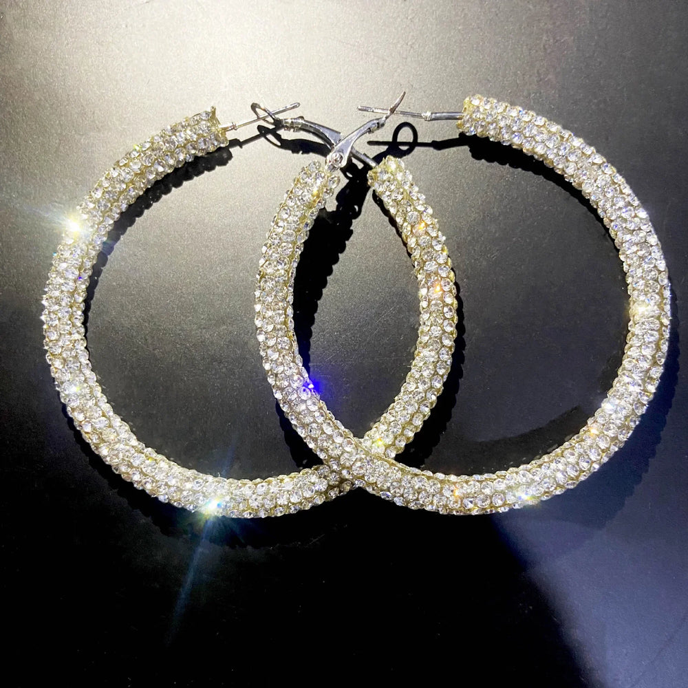 Y2K Blue Crystal Hoop Earrings Korean Fashion Charms Circular Ring Earrings for Women close-up view