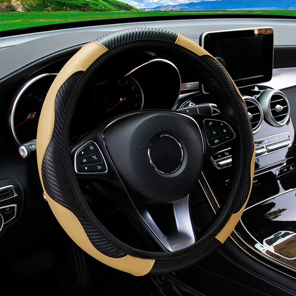 PU Carbon Fiber Leather Car Steering Wheel Cover | 14.5-15 Inch Grip Enhancer alternate view