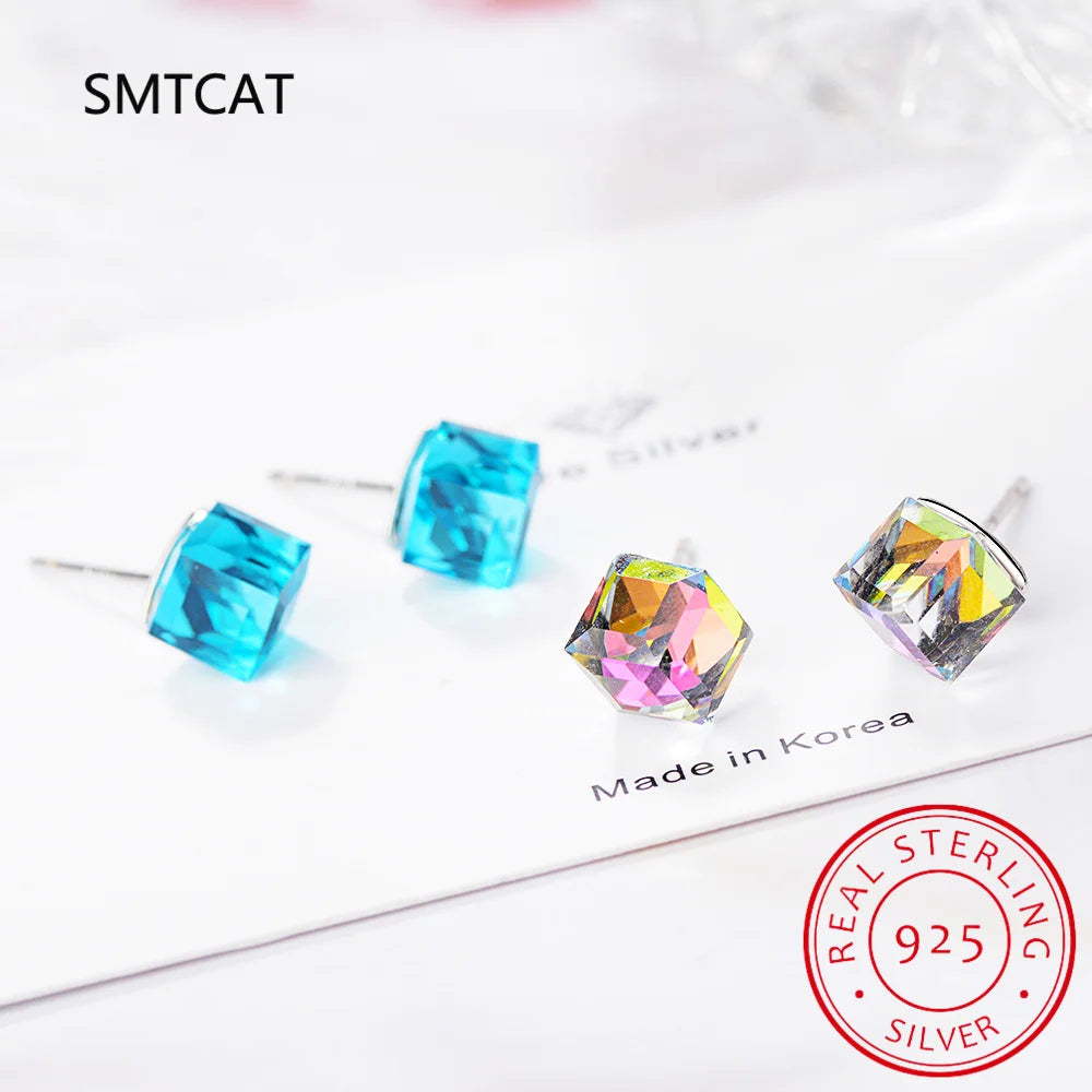 Cube 1.2ct Natural Sky Blue Topaz 925 Sterling Silver Geometric Stud Earrings for Wome close-up view