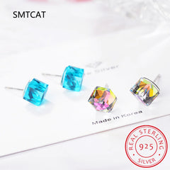 Cube 1.2ct Natural Sky Blue Topaz 925 Sterling Silver Geometric Stud Earrings for Wome close-up view