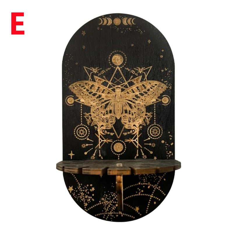 Wooden Crystal Shelf Display Stand | Bohemian Wall Rack for Stones and Jewelry close-up view