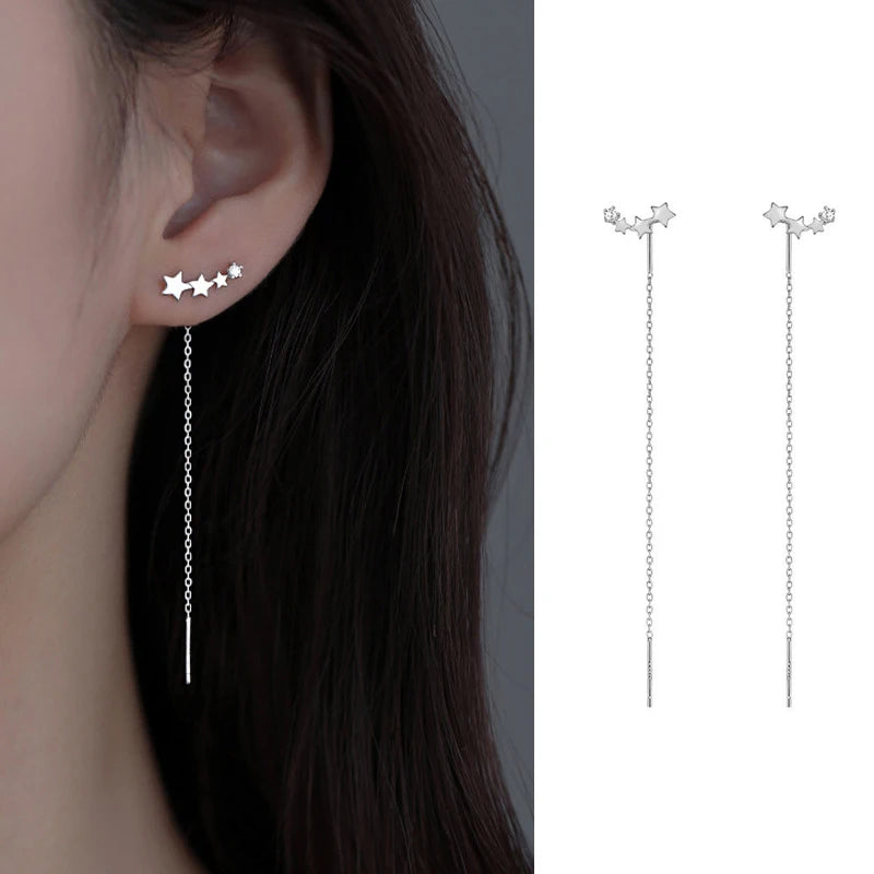 JWER S925 Silver Needle Star Line Earring for Women Tassel Drop Earring Long Chain Bea close-up view