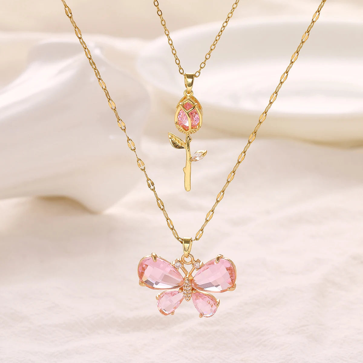 Elegant Pink Crystal Butterfly Necklace for Women High-End Zircon Flower Pendant Fash alternate view
