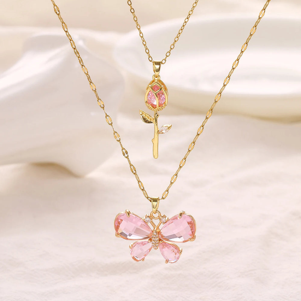 Elegant Pink Crystal Butterfly Necklace for Women High-End Zircon Flower Pendant Fash alternate view