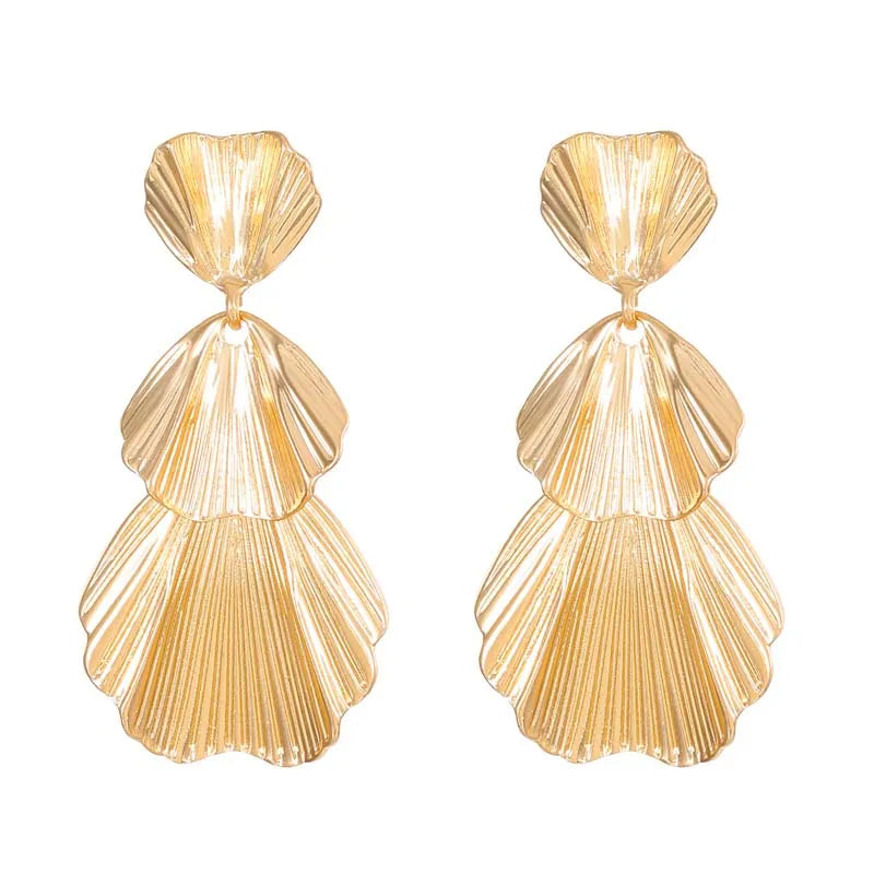 Exaggerated Metal Leaf Flower Drop Earrings for Women Fashion Gold Color Long Geometric detail view