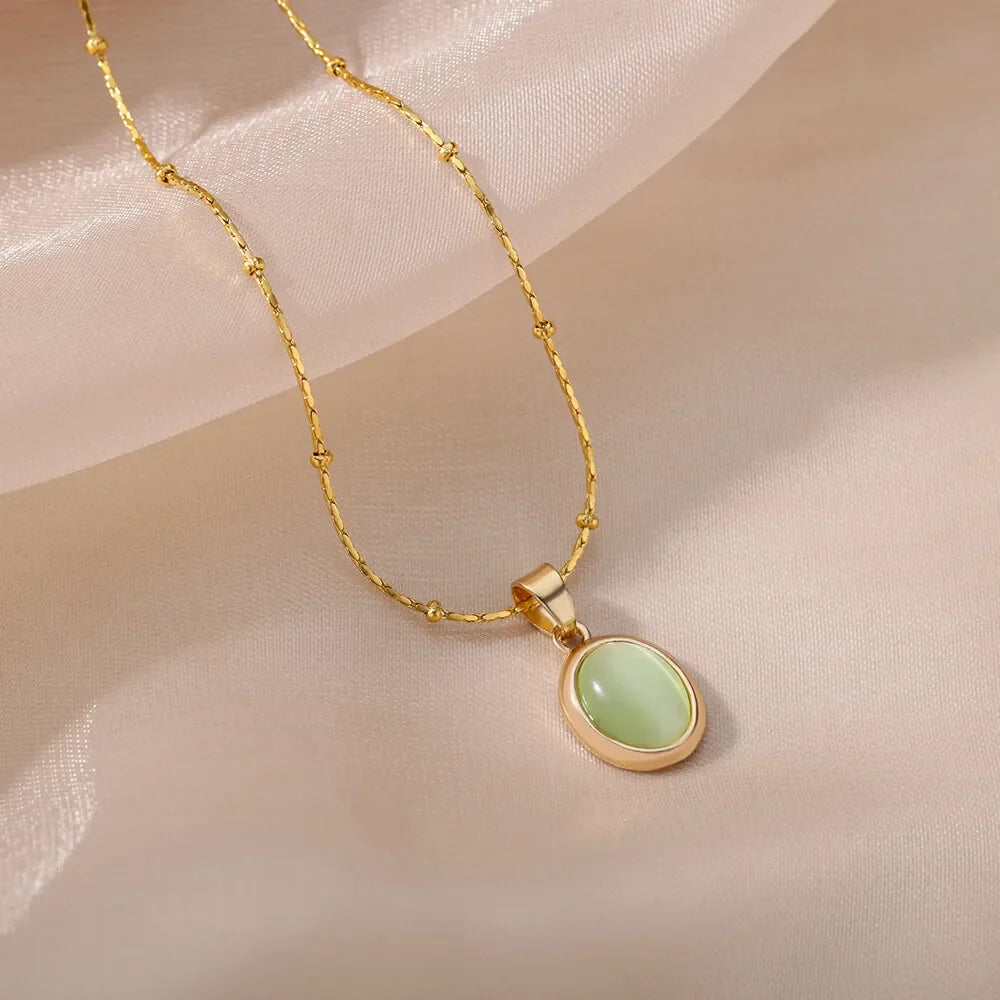 Fashion Stone Opal Oval Necklace For Women Stainless Steel Gold Color Oval Stone Pe additional angle