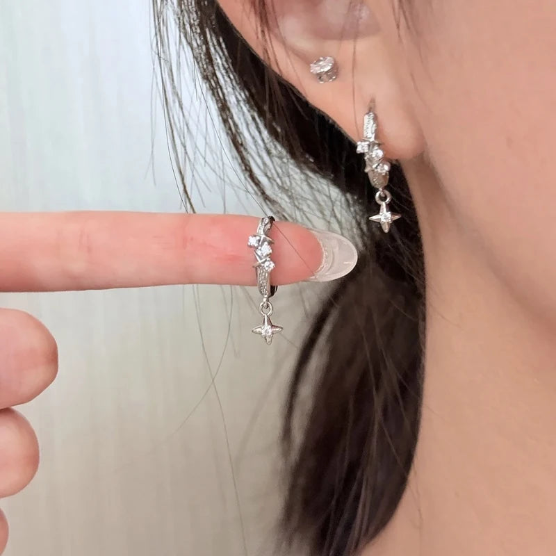 Metal Four Star Hoop Earrings for Women | Simple Zircon Geometric Circle Earrings close-up view