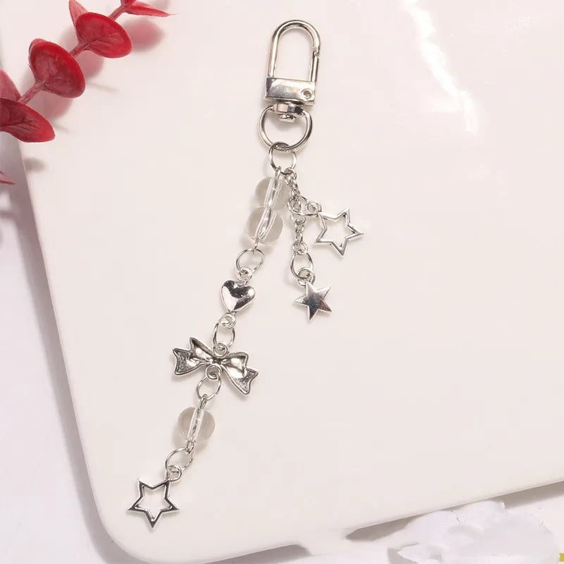 Goth Y2K Phone Charm Pink Silve Bow Heart Star Keychain Pendant Key Chain Bag Phone Chai detail view