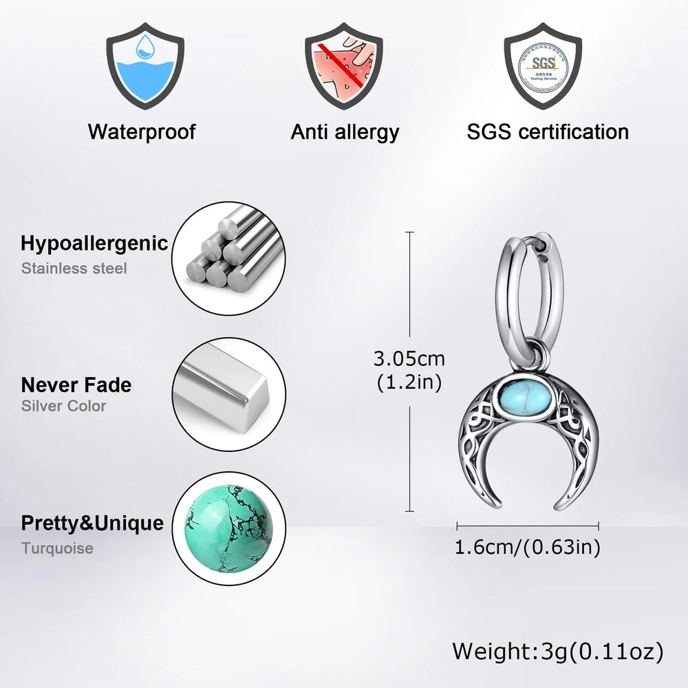 Vintage Moon Earrings for Men | Green Stone Stainless Steel Hoop Jewelry additional angle