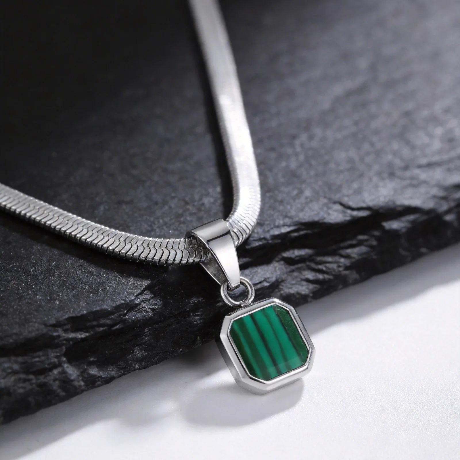 Men's Geometric Stone Pendant Necklace | Stainless Steel Blade Chain close-up view