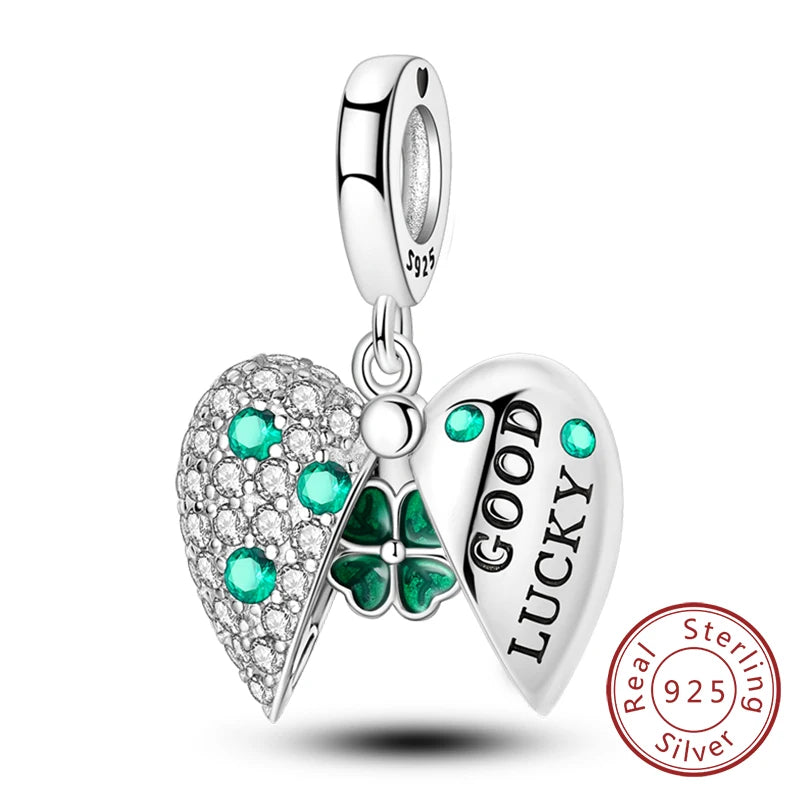 925 Sterling Silver Pendant Charms Beads Green Four-leaf Clover Love Family Tree Charms detail view