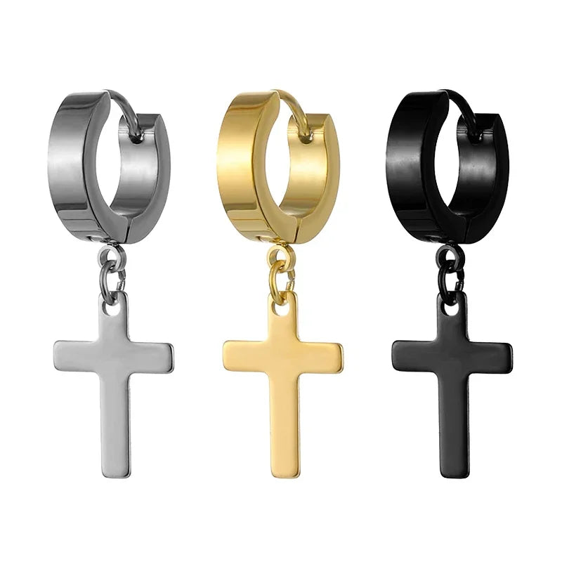 2pc Stainless Steel Men Cross Stars Punk Dangle Earrings Gothic Woman Cross Ear Hoo additional angle