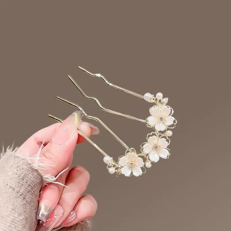 〔YS1〕Elegant Pearl Flower Hair Combs Pins French Retro Bun Hair Accessories Women Daily U-shaped Hairpin Female Alloy Hair Clasp