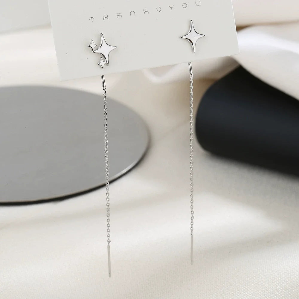 Star Thread Chain Drop Earrings | Trendy Korean Style Pendant Jewelry close-up view