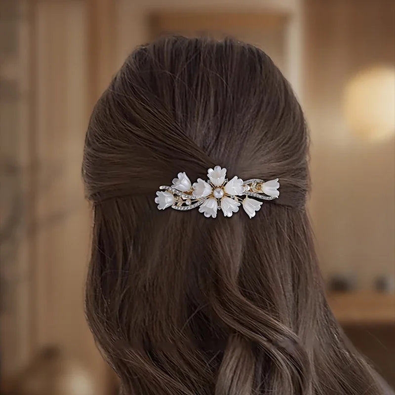 Elegant Pearl Lily of the Valley Spring Clip Hair Clip Women's Back of Head Half-tied Flower Barrette Fashion Hair Accessories