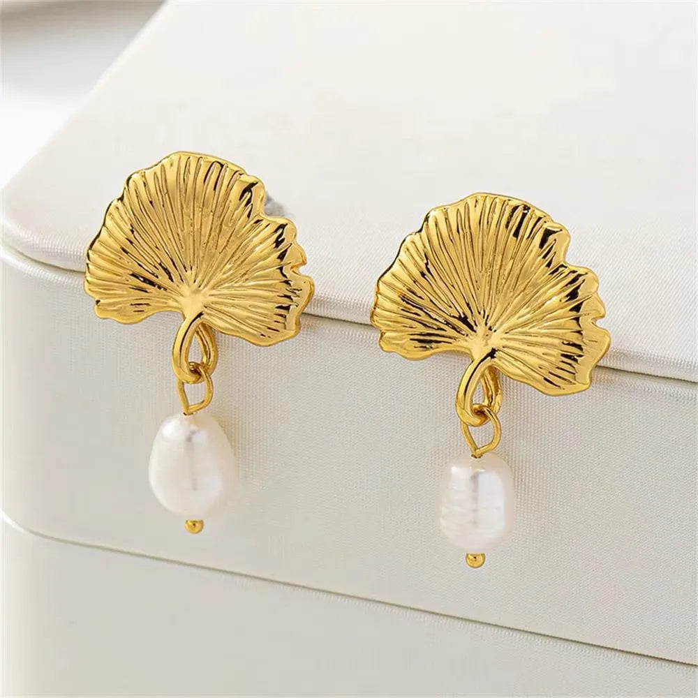 Vintage Gold Snail Shell Drop Earrings | CZ Zircon Beach Jewelry for Women detail view